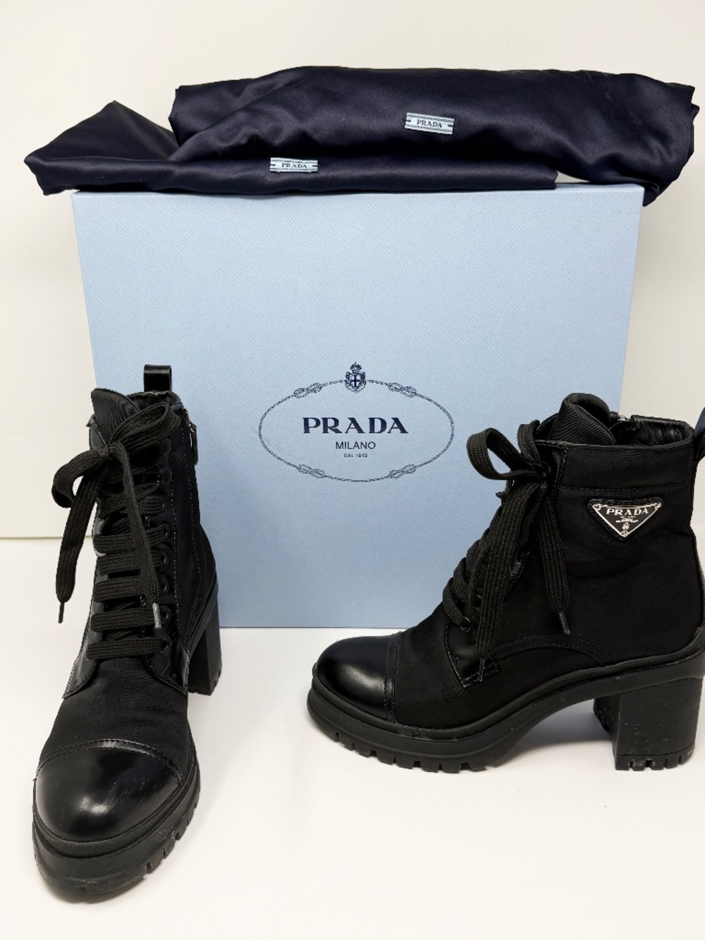 Prada Women's Re-Nylon And Leather Block Heel Ankle Combat Booties Boots Shoes